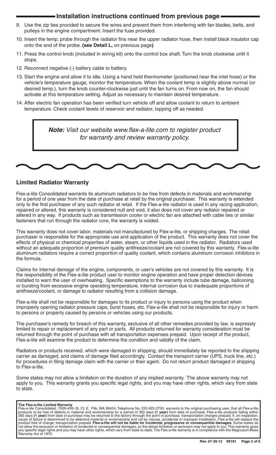 Limited radiator warranty | Flex-a-Lite 52181C3 Corvette Radiator & Fan Kits User Manual | Page 5 / 6