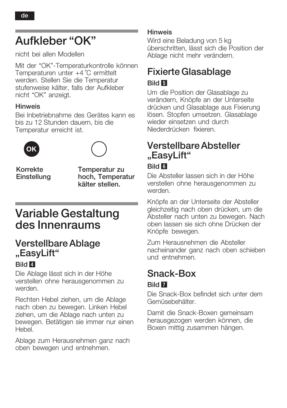 Aufkleber ok, Variable gestaltung des innenraums, Verstellbare ablage ęeasylift | Fixierte glasablage, Verstellbare absteller ęeasylift, Snackćbox | Neff K8351X1 User Manual | Page 12 / 101