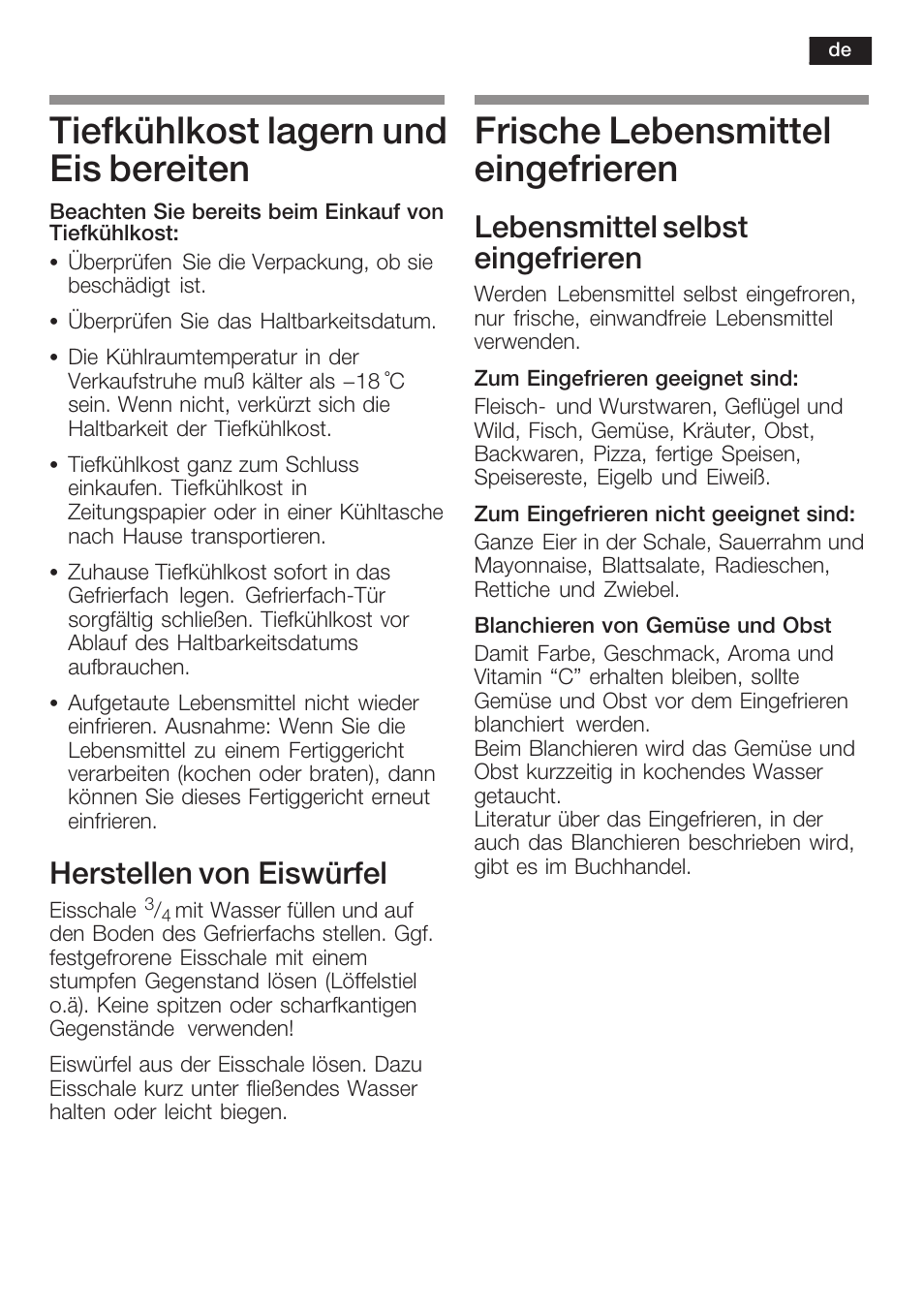 Tiefkühlkost lagern und eis bereiten, Frische lebensmittel eingefrieren, Herstellen von eiswürfel | Lebensmittel selbst eingefrieren | Neff K8351X1 User Manual | Page 15 / 101