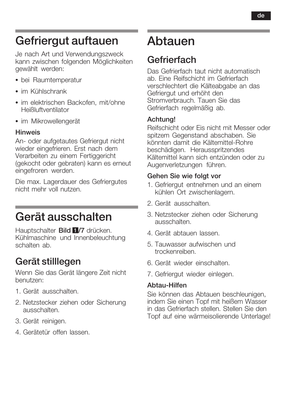 Abtauen, Gefriergut auftauen, Gerät ausschalten | Gerät stilllegen, Gefrierfach | Neff K8351X1 User Manual | Page 17 / 101