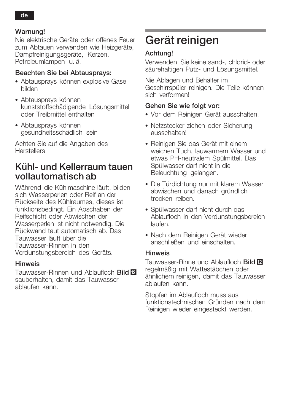 Gerät reinigen, Kühlć und kellerraum tauen vollautomatisch ab | Neff K8351X1 User Manual | Page 18 / 101