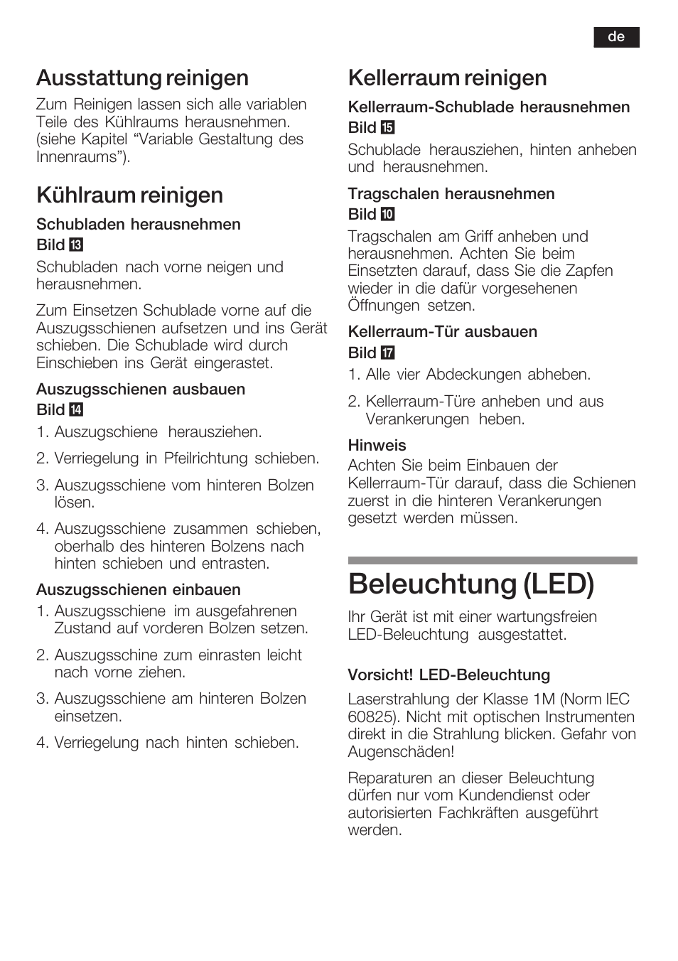 Beleuchtung (led), Ausstattung reinigen, Kühlraum reinigen | Kellerraum reinigen | Neff K8351X1 User Manual | Page 19 / 101