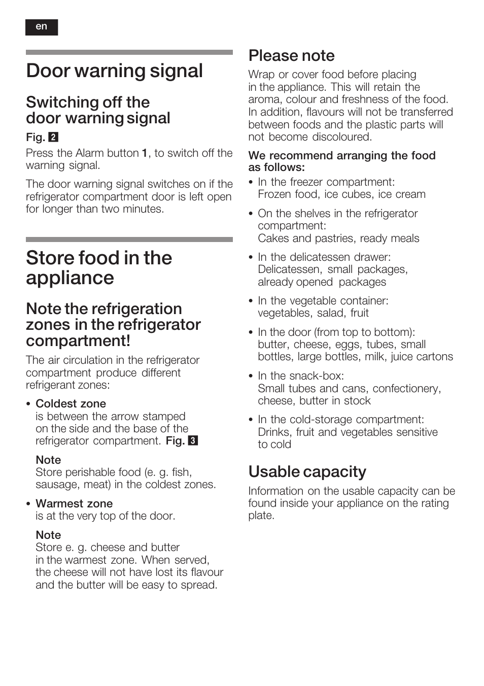 Door warning signal, Store food in the appliance, Switching off the door warning signal | Usable capacity | Neff K8351X1 User Manual | Page 28 / 101