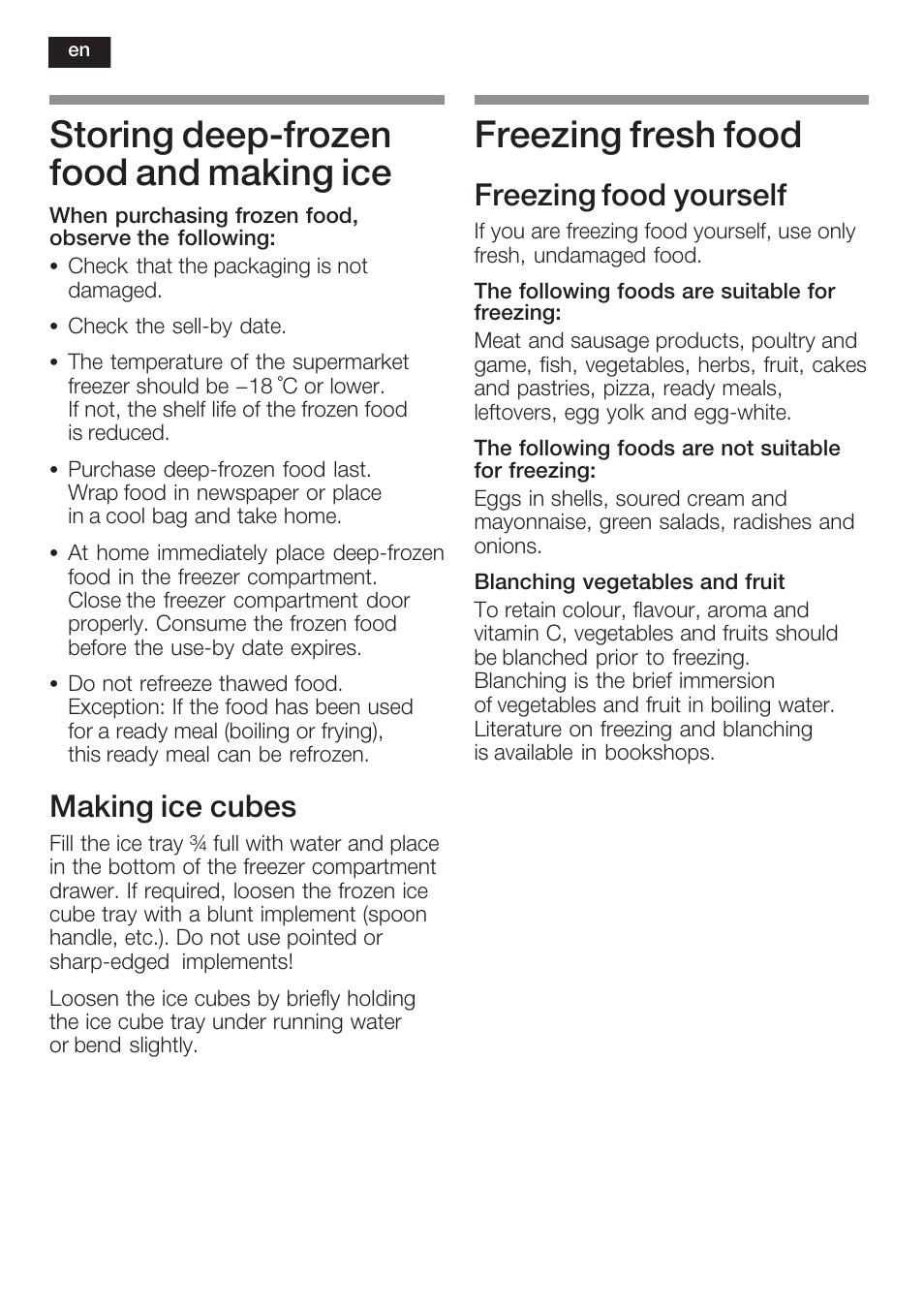 Storing deepćfrozen food and making ice, Freezing fresh food, Making ice cubes | Freezing food yourself | Neff K8351X1 User Manual | Page 32 / 101