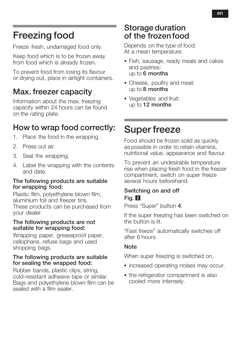 Freezing food, Super freeze, Max. freezer capacity | How to wrap food correctly, Storage duration of the frozen food | Neff K8351X1 User Manual | Page 33 / 101