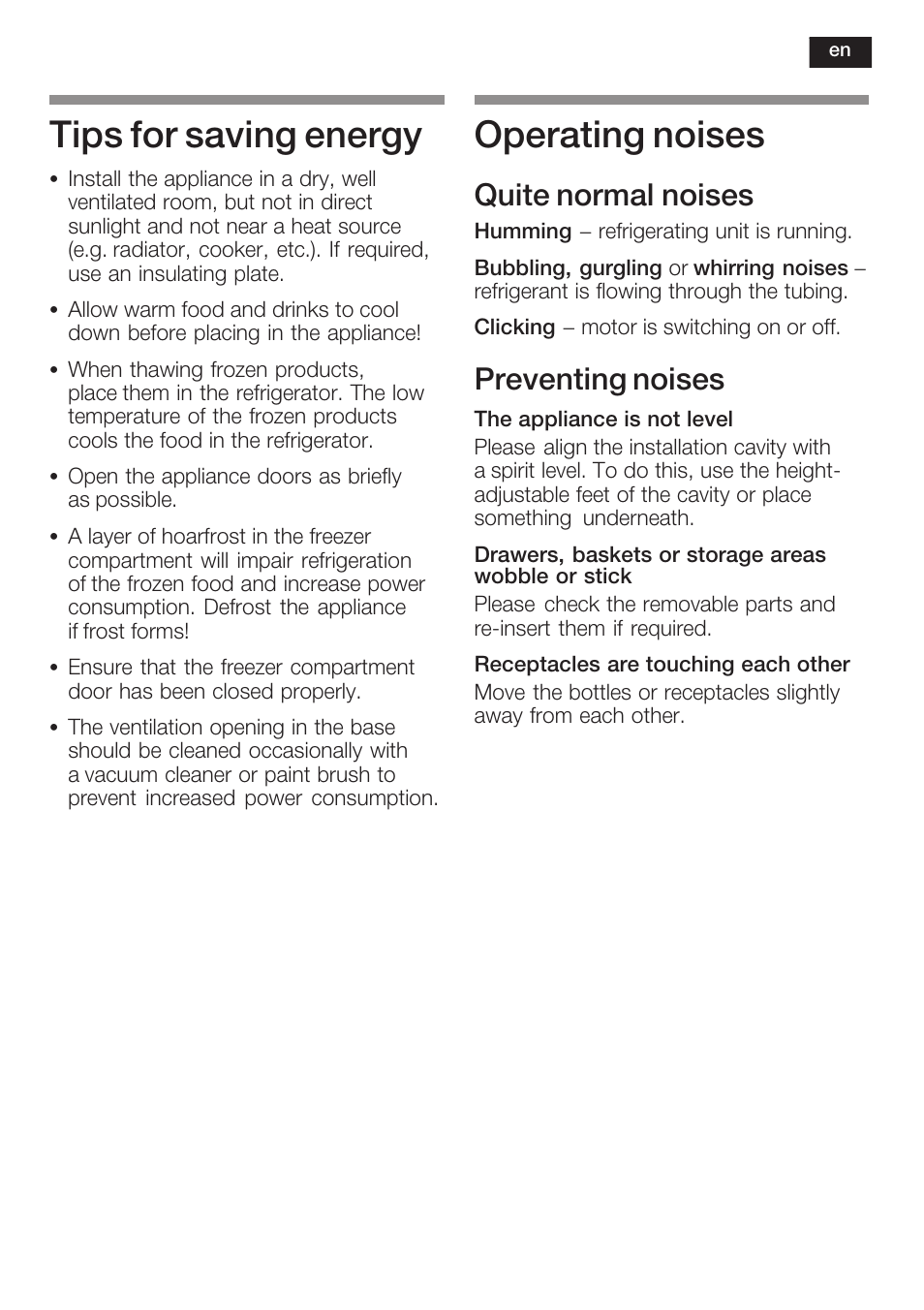 Tips for saving energy, Operating noises, Quite normal noises | Preventing noises | Neff K8351X1 User Manual | Page 37 / 101