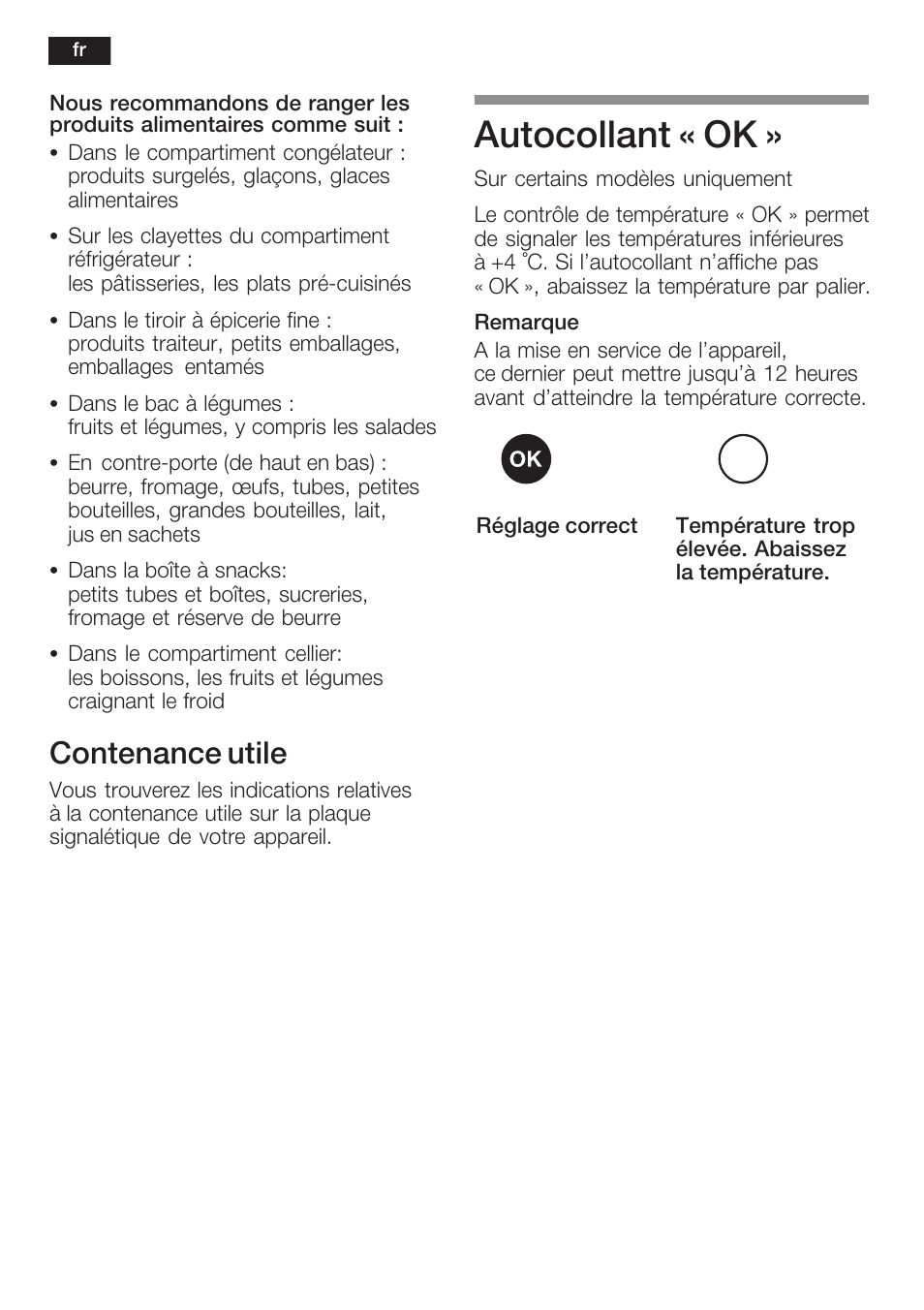 Autocollant « ok, Contenance utile | Neff K8351X1 User Manual | Page 48 / 101