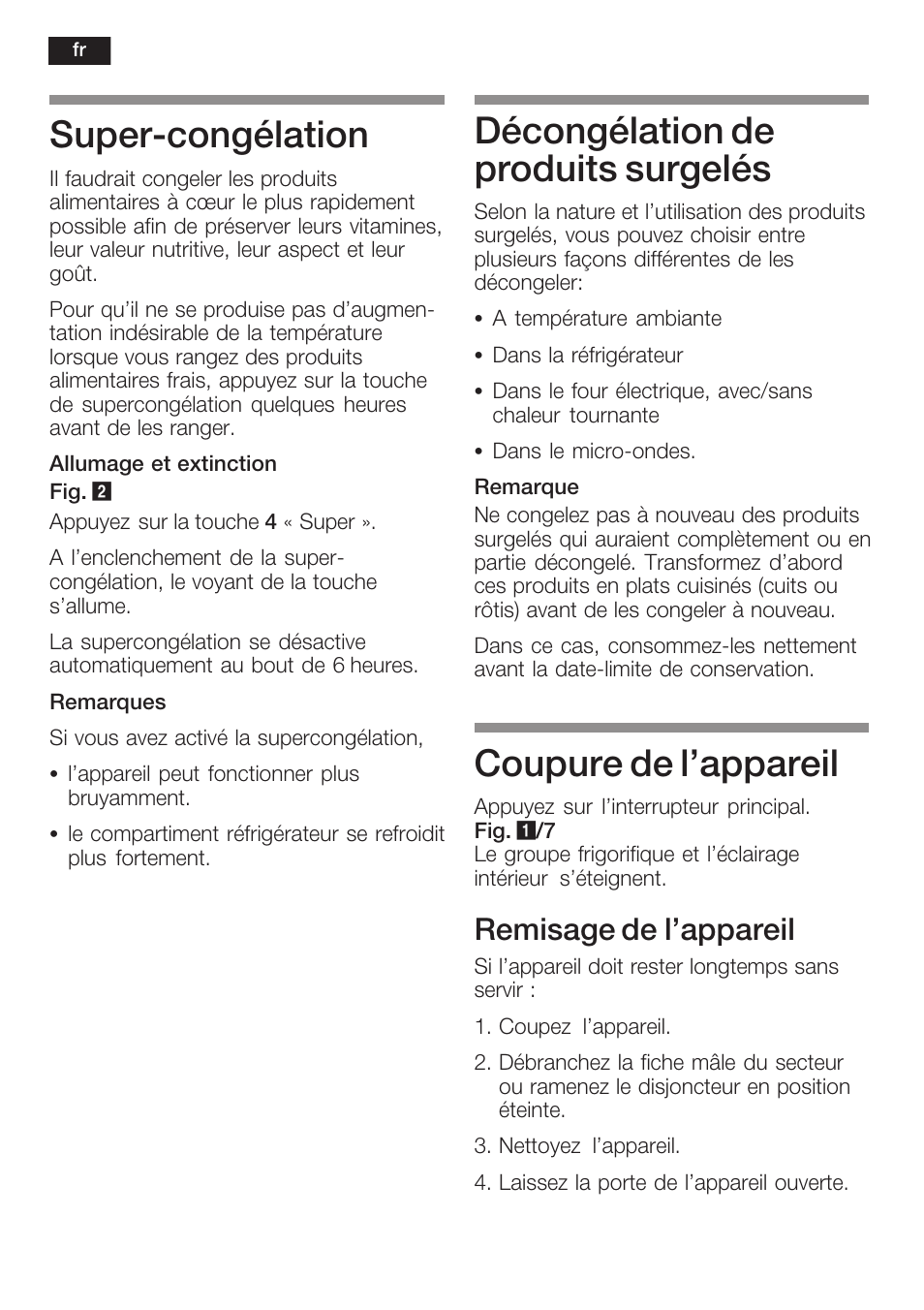 Superćcongélation, Décongélation de produits surgelés, Coupure de l'appareil | Remisage de l'appareil | Neff K8351X1 User Manual | Page 54 / 101