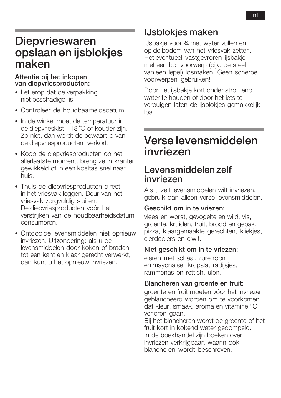 Diepvrieswaren opslaan en ijsblokjes maken, Verse levensmiddelen invriezen, Ijsblokjes maken | Levensmiddelen zelf invriezen | Neff K8351X1 User Manual | Page 89 / 101