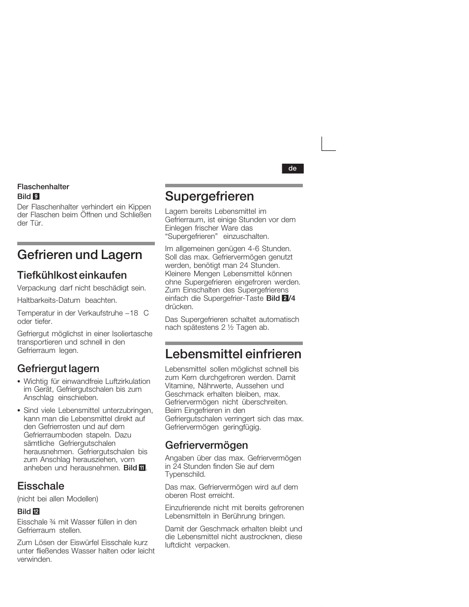 Gefrieren und lagern, Supergefrieren, Lebensmittel einfrieren | Tiefkühlkost einkaufen, Gefriergut lagern, Eisschale, Gefriervermögen | Neff K9524X6 User Manual | Page 11 / 75