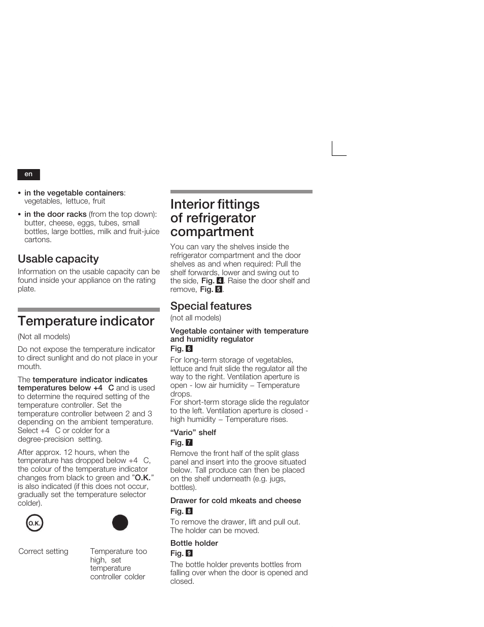 Temperature indicator, Interior fittings of refrigerator compartment, Usable capacity | Special features | Neff K9524X6 User Manual | Page 22 / 75