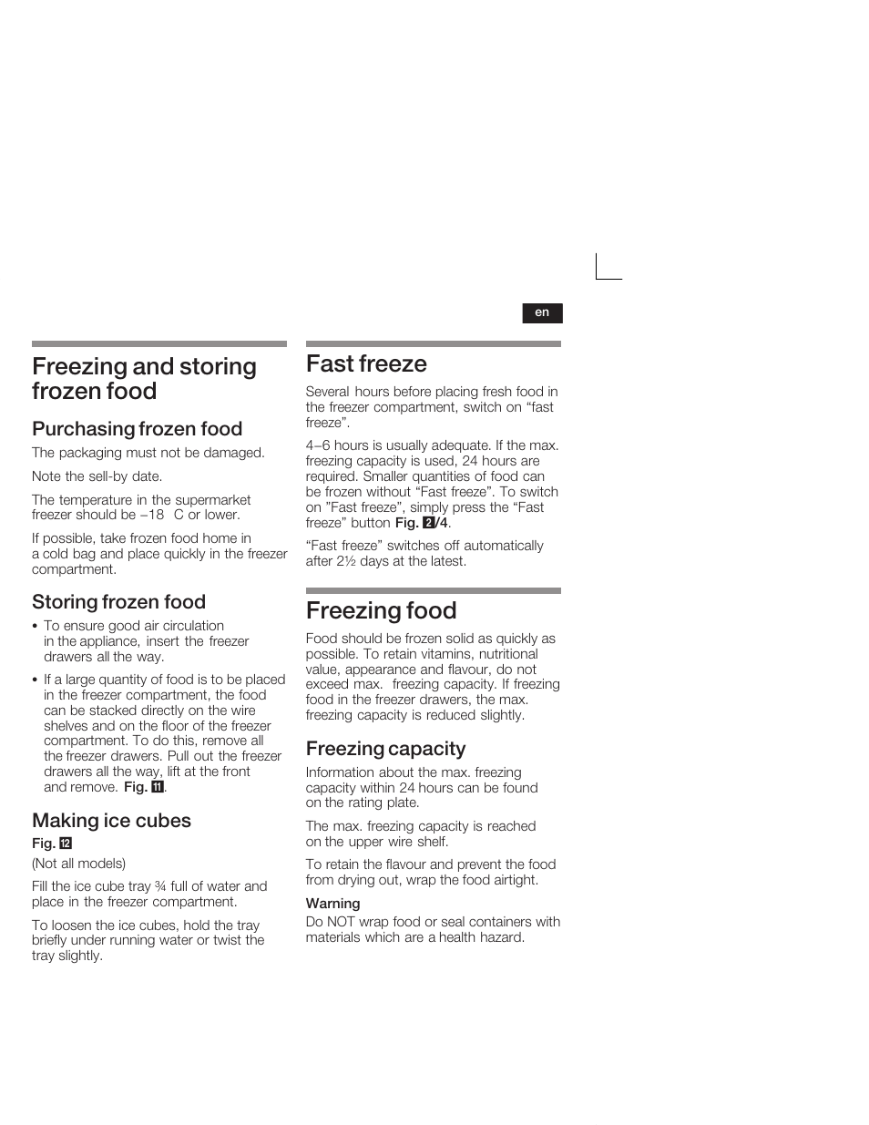 Freezing and storing frozen food, Fast freeze, Freezing food | Purchasing frozen food, Storing frozen food, Making ice cubes, Freezing capacity | Neff K9524X6 User Manual | Page 23 / 75