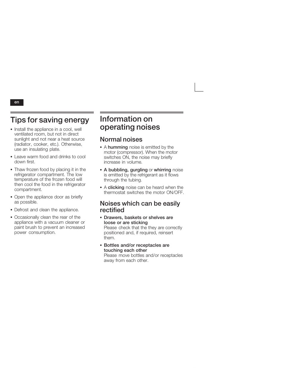 Tips for saving energy, Information on operating noises, Normal noises | Noises which can be easily rectified | Neff K9524X6 User Manual | Page 26 / 75