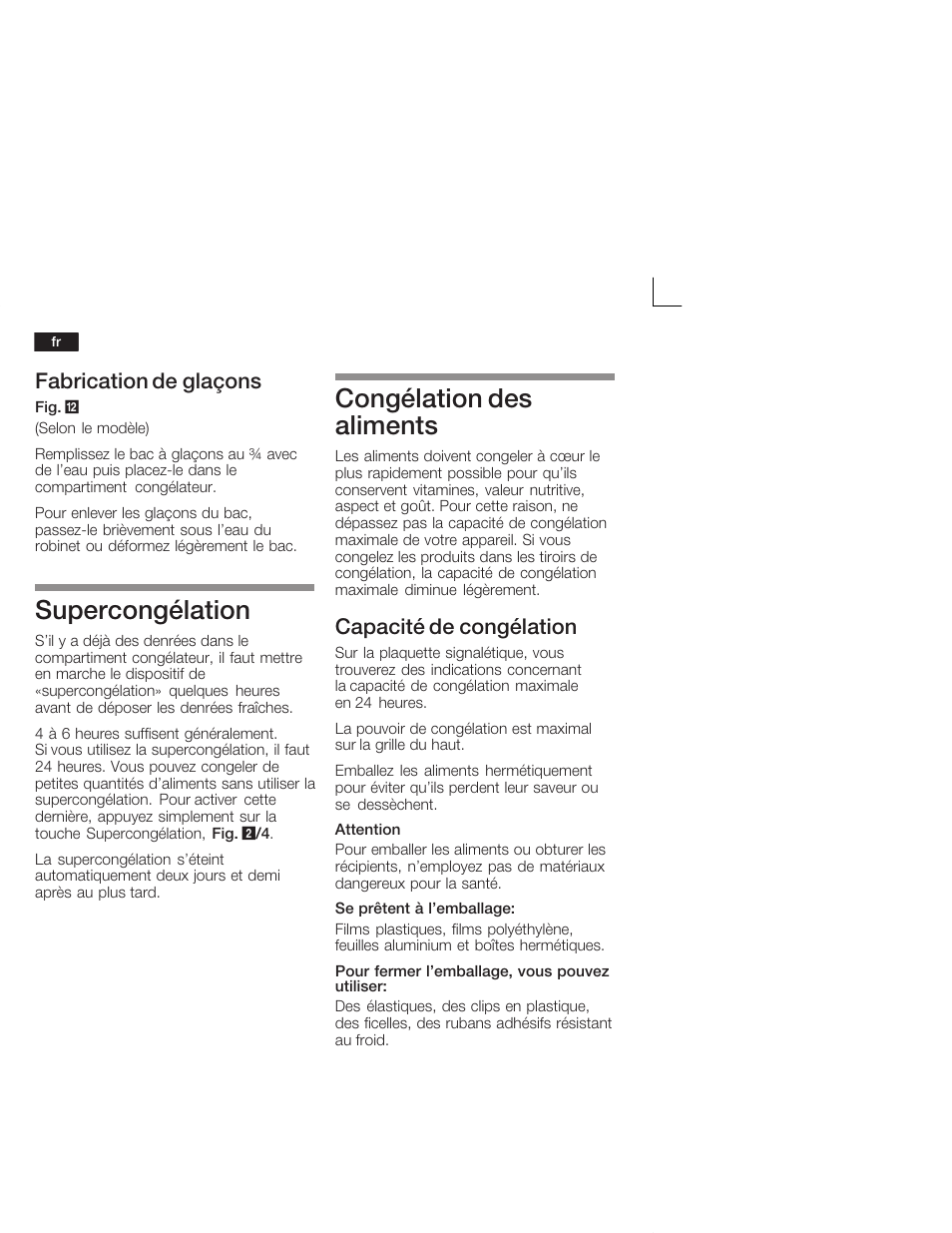 Supercongélation, Congélation des aliments, Fabrication de glaçons | Capacité de congélation | Neff K9524X6 User Manual | Page 38 / 75