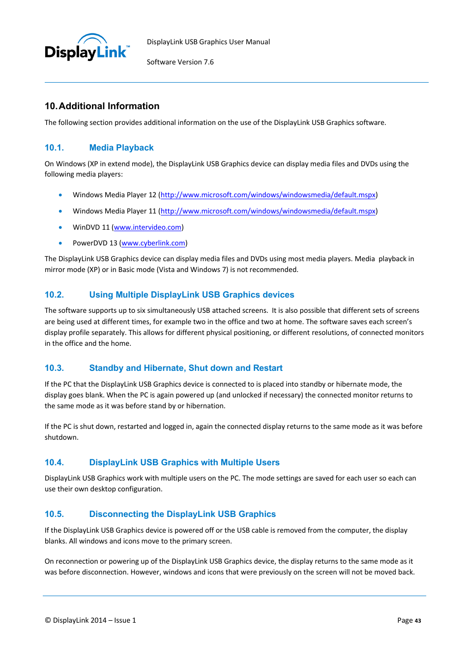 Additional information, Media playback, Using multiple displaylink usb graphics devices | Standby and hibernate, shut down and restart, Displaylink usb graphics with multiple users, Disconnecting the displaylink usb graphics | Hootoo HT-UD01 User Manual | Page 43 / 46