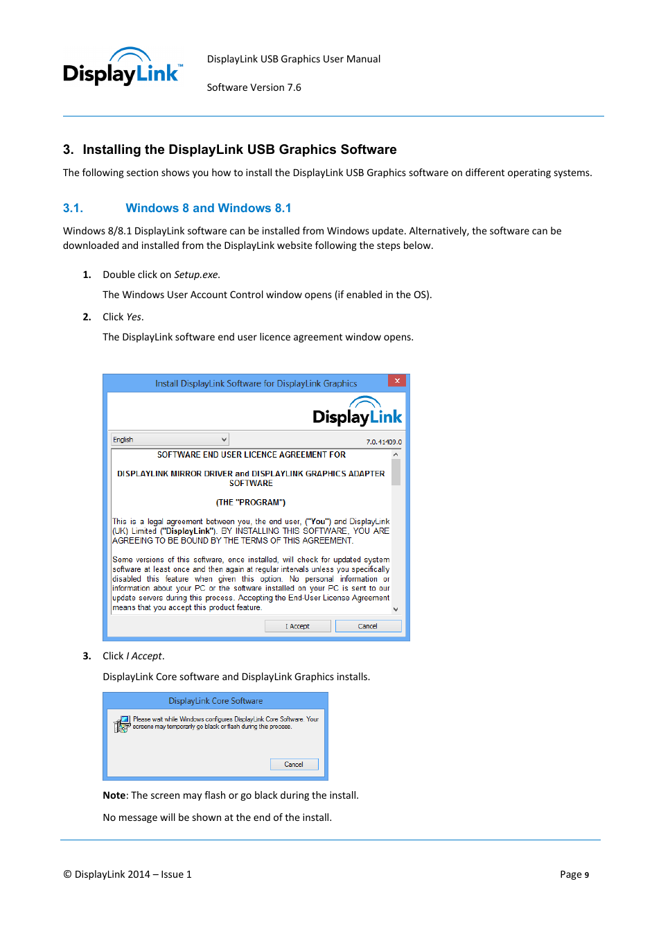 Installing the displaylink usb graphics software, Windows 8 and windows 8.1 | Hootoo HT-UD01 User Manual | Page 9 / 46