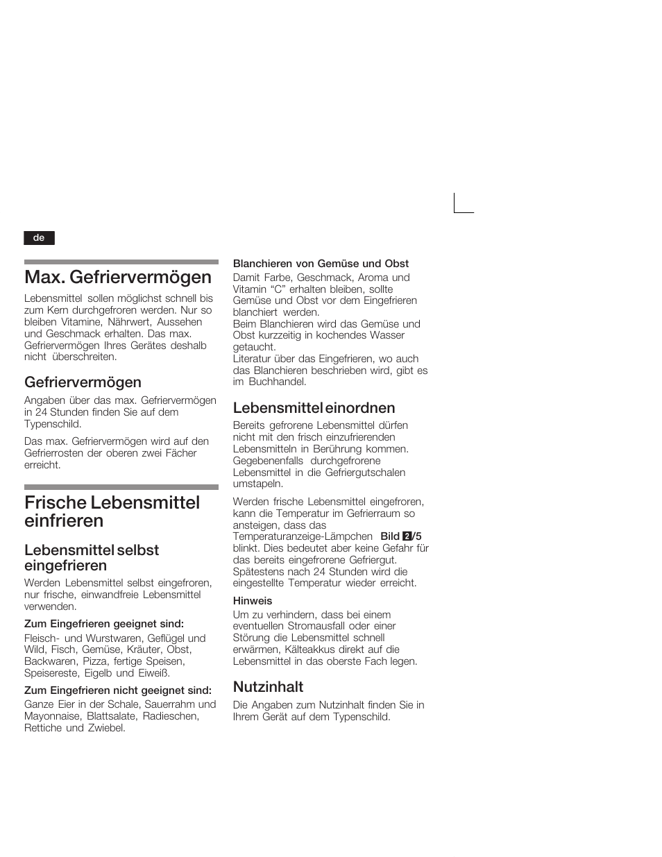 Max. gefriervermögen, Frische lebensmittel einfrieren, Gefriervermögen | Lebensmittel selbst eingefrieren, Lebensmittel einordnen, Nutzinhalt | Neff G5624X6 EU User Manual | Page 10 / 65