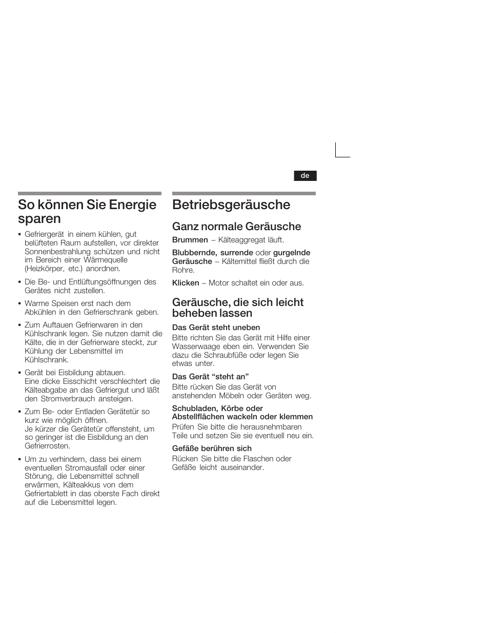 So können sie energie sparen, Betriebsgeräusche, Ganz normale geräusche | Geräusche, die sich leicht beheben lassen | Neff G5624X6 EU User Manual | Page 13 / 65