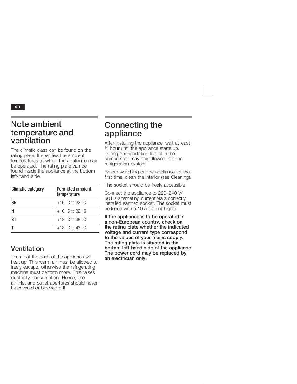 Connecting the appliance, Ventilation | Neff G5624X6 EU User Manual | Page 18 / 65