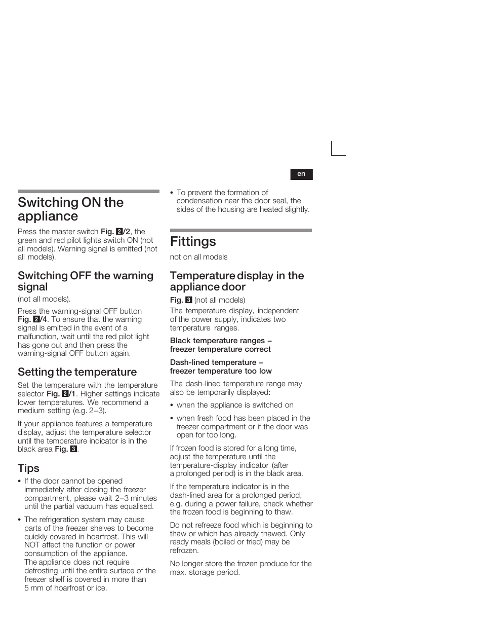 Switching on the appliance, Fittings, Switching off the warning signal | Setting the temperature, Tips, Temperature display in the appliance door | Neff G5624X6 EU User Manual | Page 19 / 65