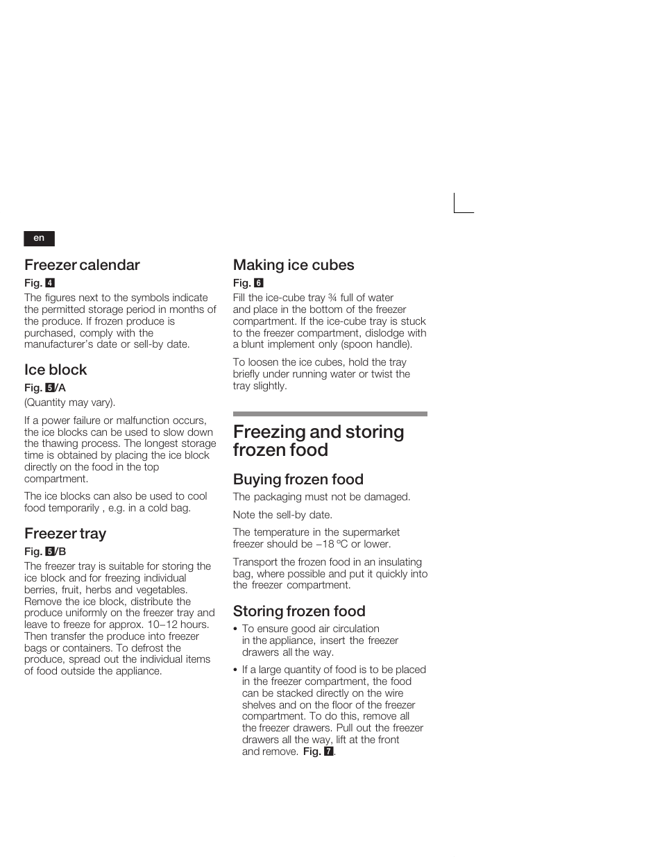 Freezing and storing frozen food, Freezer calendar, Ice block | Freezer tray, Making ice cubes, Buying frozen food, Storing frozen food | Neff G5624X6 EU User Manual | Page 20 / 65