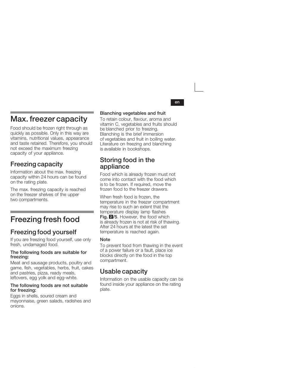 Max. freezer capacity, Freezing fresh food, Freezing capacity | Freezing food yourself, Storing food in the appliance, Usable capacity | Neff G5624X6 EU User Manual | Page 21 / 65