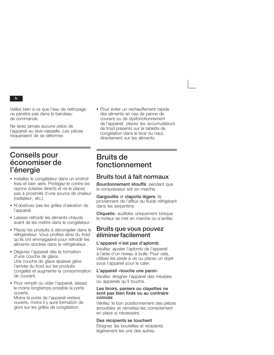 Conseils pour économiser de l'énergie, Bruits de fonctionnement, Bruits tout à fait normaux | Bruits que vous pouvez éliminer facilement | Neff G5624X6 EU User Manual | Page 36 / 65