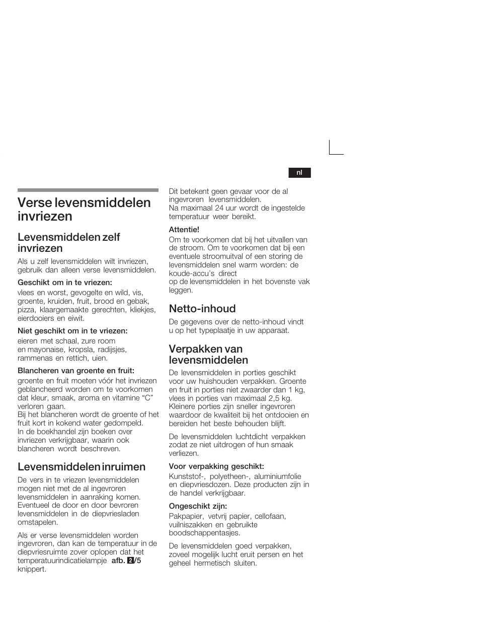 Verse levensmiddelen invriezen, Levensmiddelen zelf invriezen, Levensmiddelen inruimen | Nettoćinhoud, Verpakken van levensmiddelen | Neff G5624X6 EU User Manual | Page 57 / 65