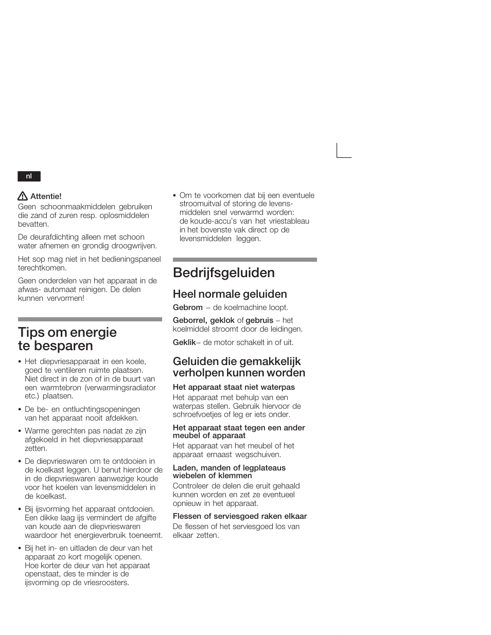 Tips om energie teăbesparen, Bedrijfsgeluiden, Heel normale geluiden | Geluiden die gemakkelijk verholpen kunnen worden | Neff G5624X6 EU User Manual | Page 60 / 65