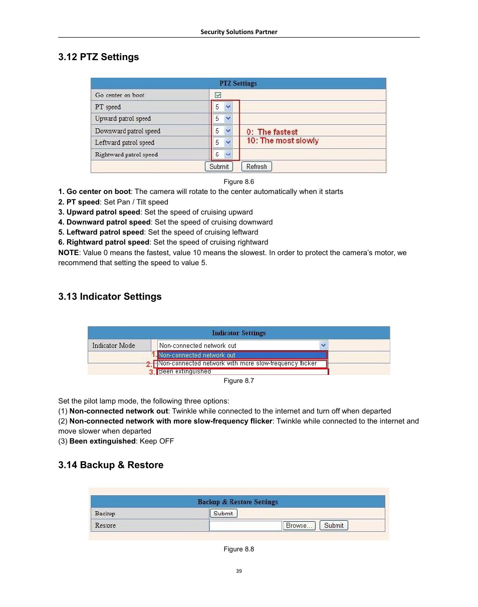 12ptzsettings, 13indicatorsettings, 14backup&restore | 12 ptz s, Ettings, 13 i, Ndicator, 14 b, Ackup, Estore | Hootoo HT-IP006N User Manual | Page 39 / 55