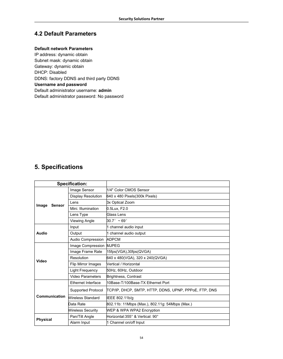 2defaultparameters, Specifications, Efault | Arameters, 2 default parameters | Hootoo HT-IP006N User Manual | Page 54 / 55