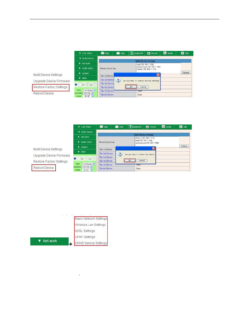 2 network settings, 3 basic network settings, 4 restore factory settings | 5 reboot device | Hootoo HT-IP210F User Manual | Page 31 / 59