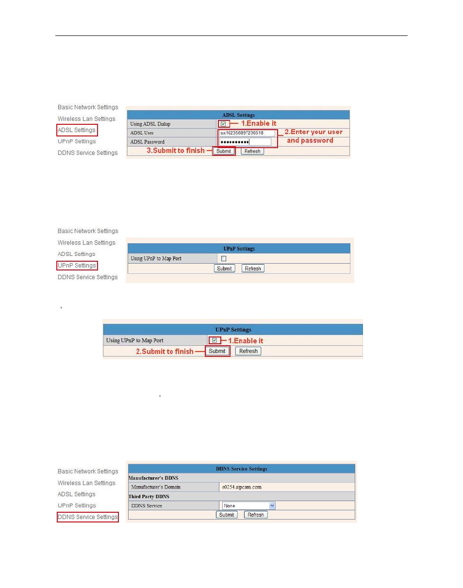 5 adsl settings, 6 upnp settings, 7 ddns service settings | Hootoo HT-IP210F User Manual | Page 35 / 59