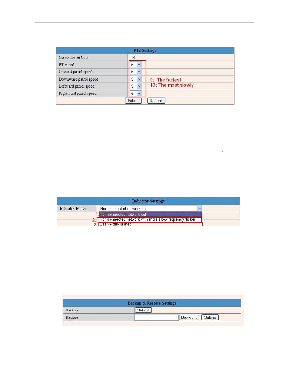 12 ptz settings, 13 indicator settings, 14 backup & restore | Hootoo HT-IP210F User Manual | Page 42 / 59