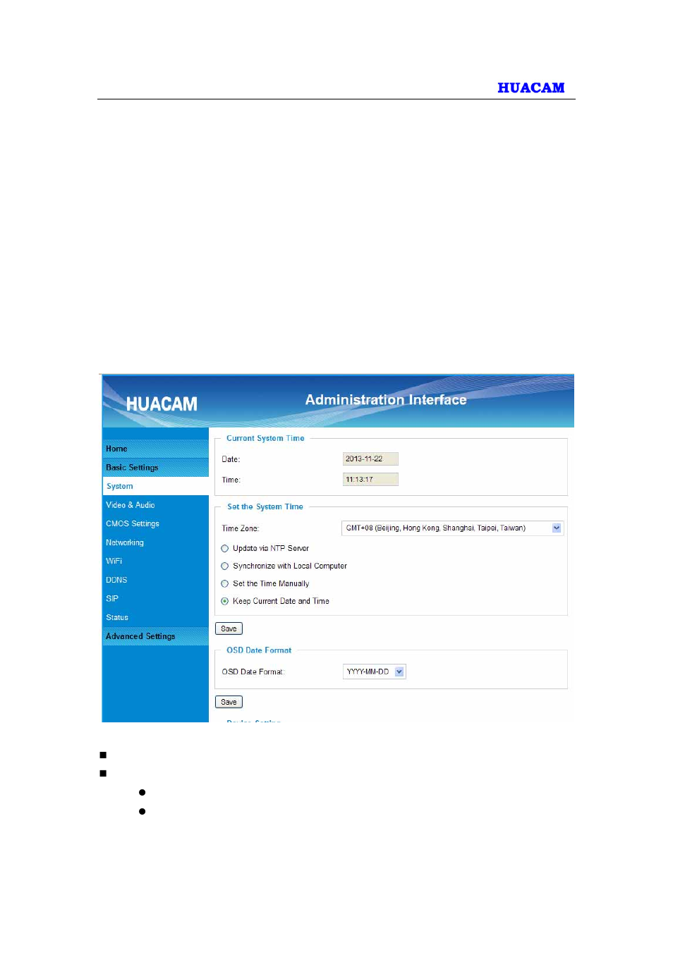 Basic settings explanation, System settings page | HUACAM HCV725 User Manual | Page 14 / 41