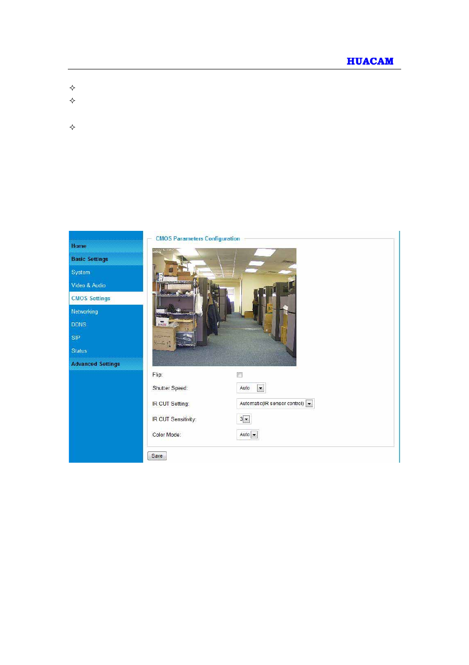 Cmos settings page | HUACAM HCV725 User Manual | Page 18 / 41