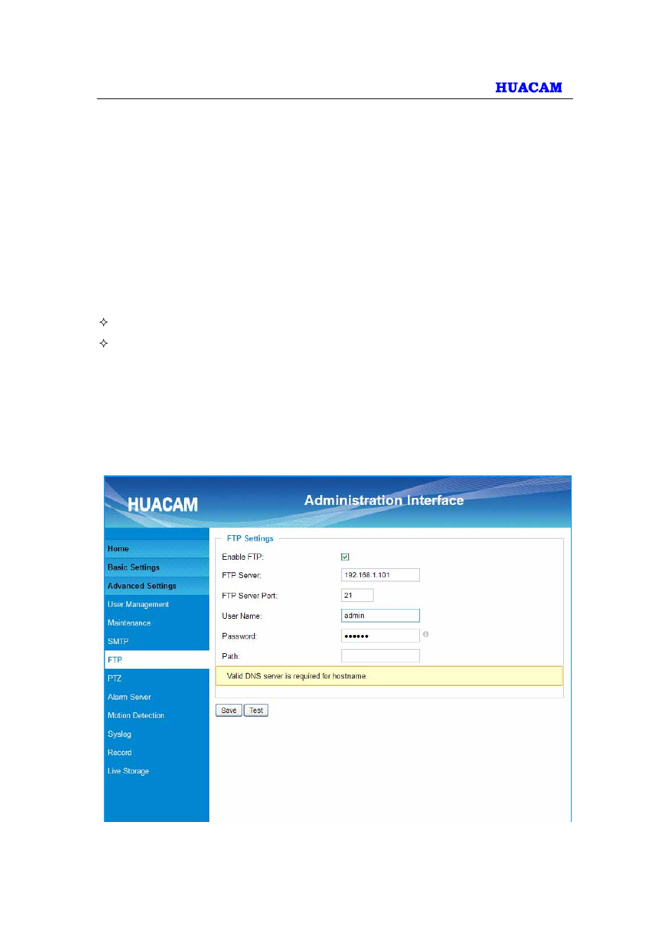 4 ftp settings page (upload alarm) | HUACAM HCV725 User Manual | Page 28 / 41