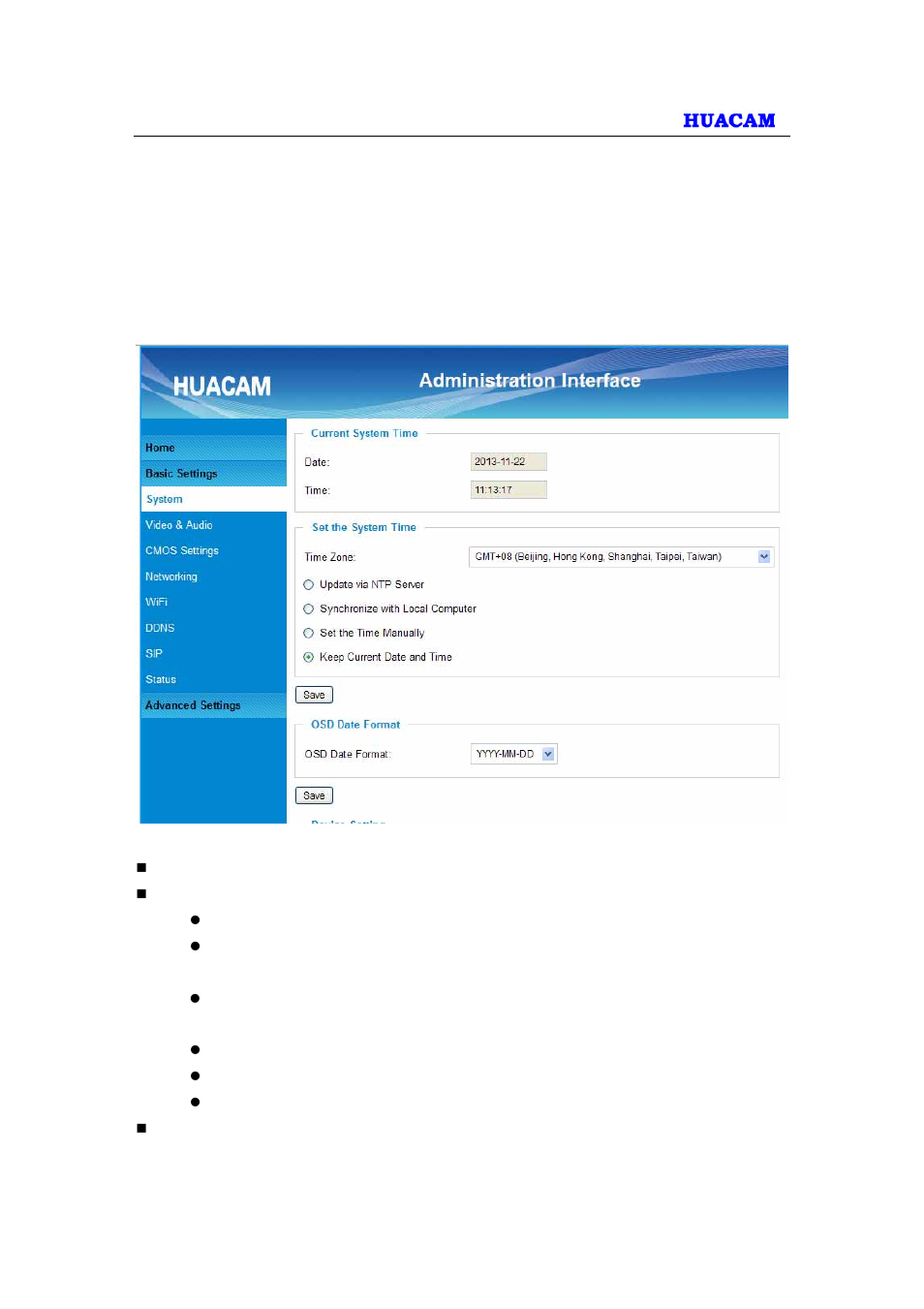 Basic settings explanation, System settings page | HUACAM HCV724 User Manual | Page 15 / 43