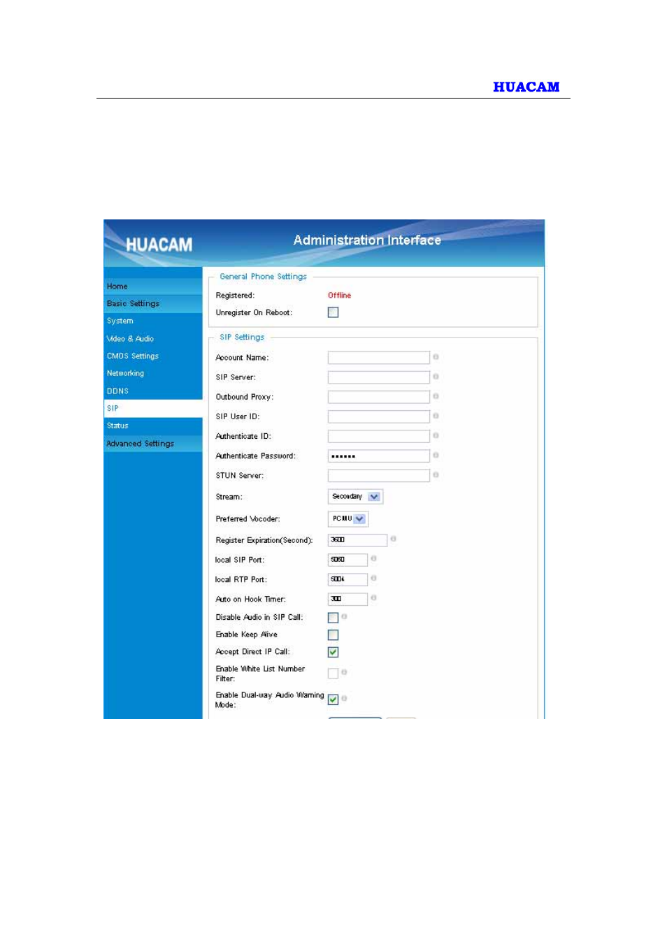 Sip setting page | HUACAM HCV724 User Manual | Page 23 / 43