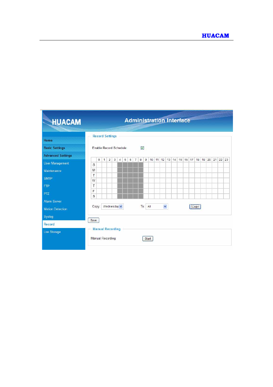 9 record setting, 10 live storage | HUACAM HCV712 User Manual | Page 35 / 43