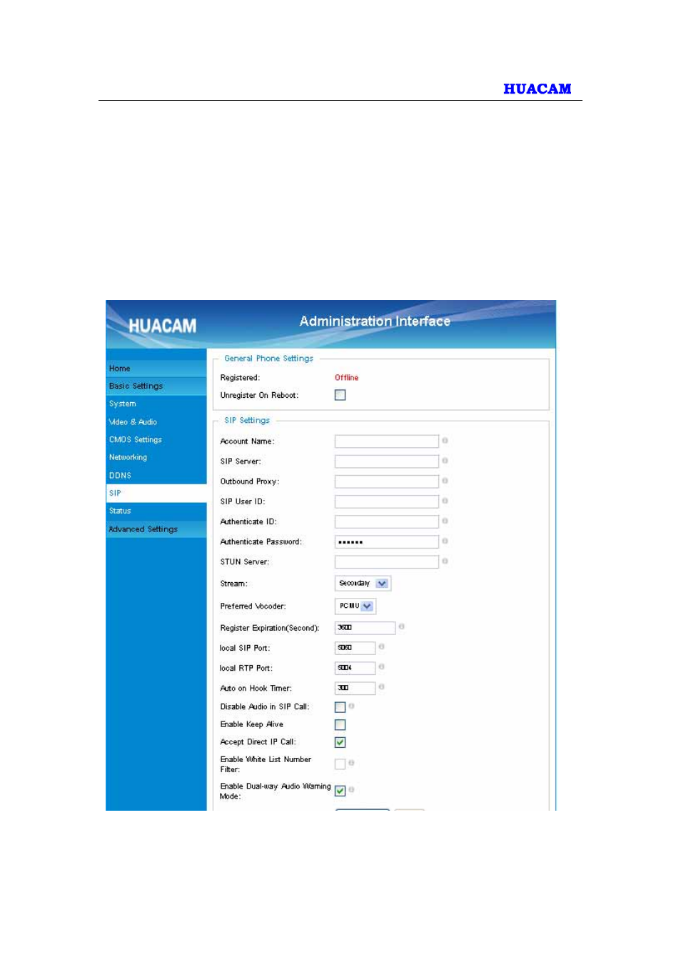 Sip setting page | HUACAM HCV701 User Manual | Page 22 / 40