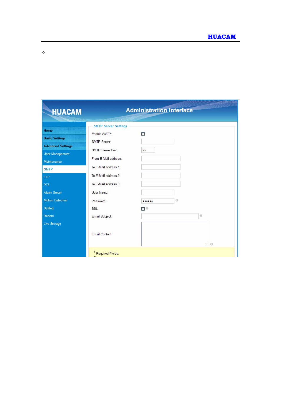 3 smtp setting page (email alarm) | HUACAM HCV701 User Manual | Page 28 / 40