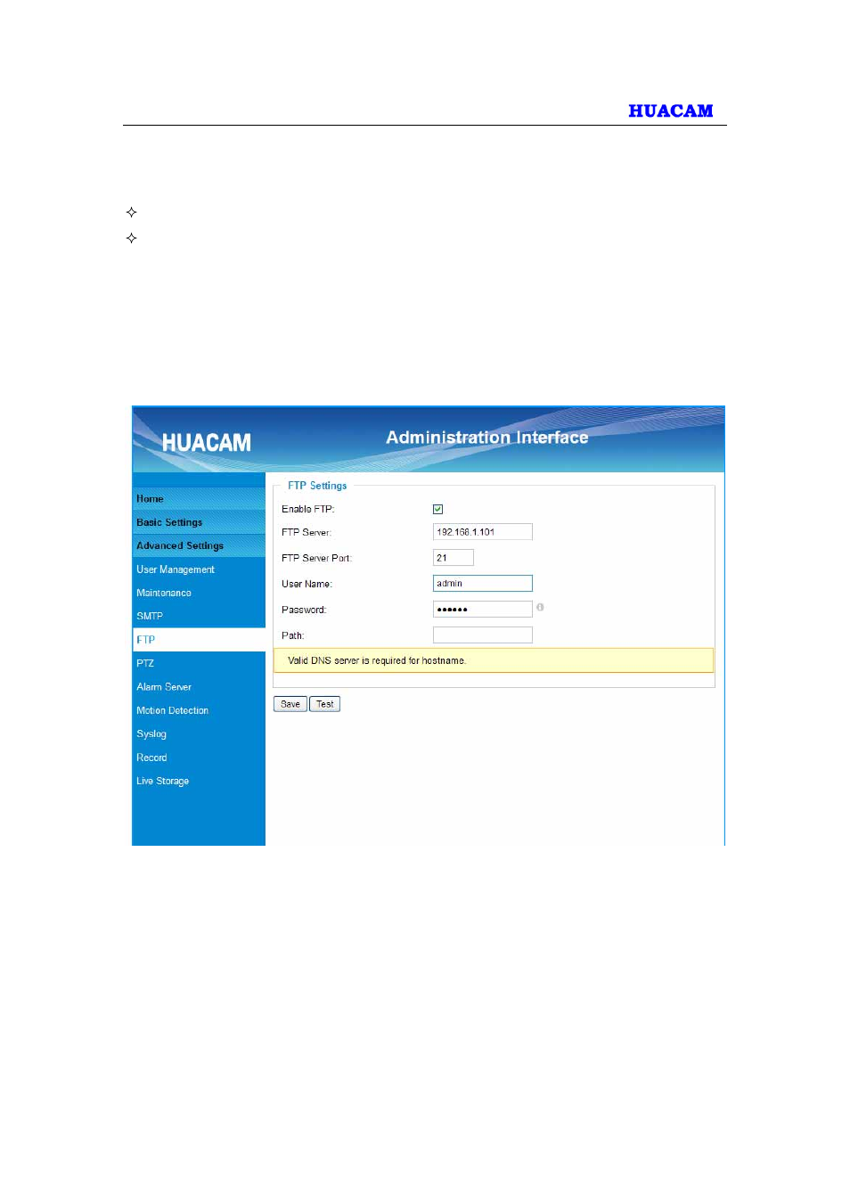 4 ftp settings page (upload alarm) | HUACAM HCV701 User Manual | Page 29 / 40