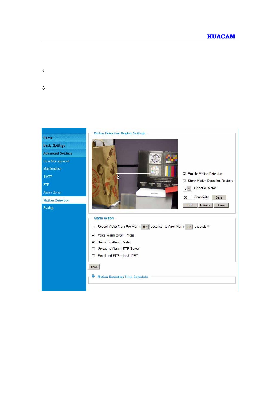 6 motion detection configuration page (set alarm) | HUACAM HCV701 User Manual | Page 31 / 40