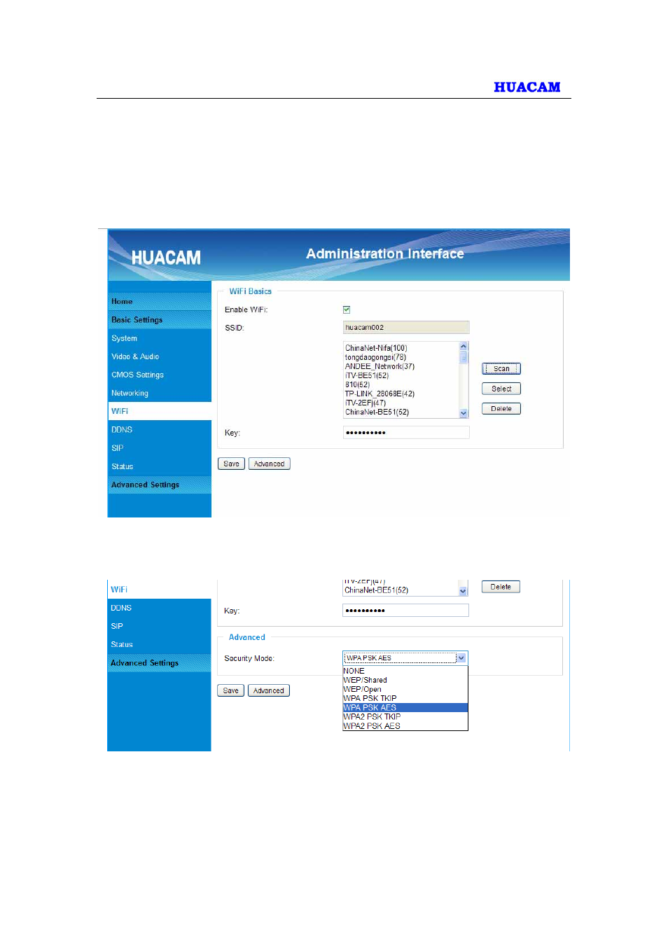 Wi-fi settings page | HUACAM HCV703 User Manual | Page 21 / 44