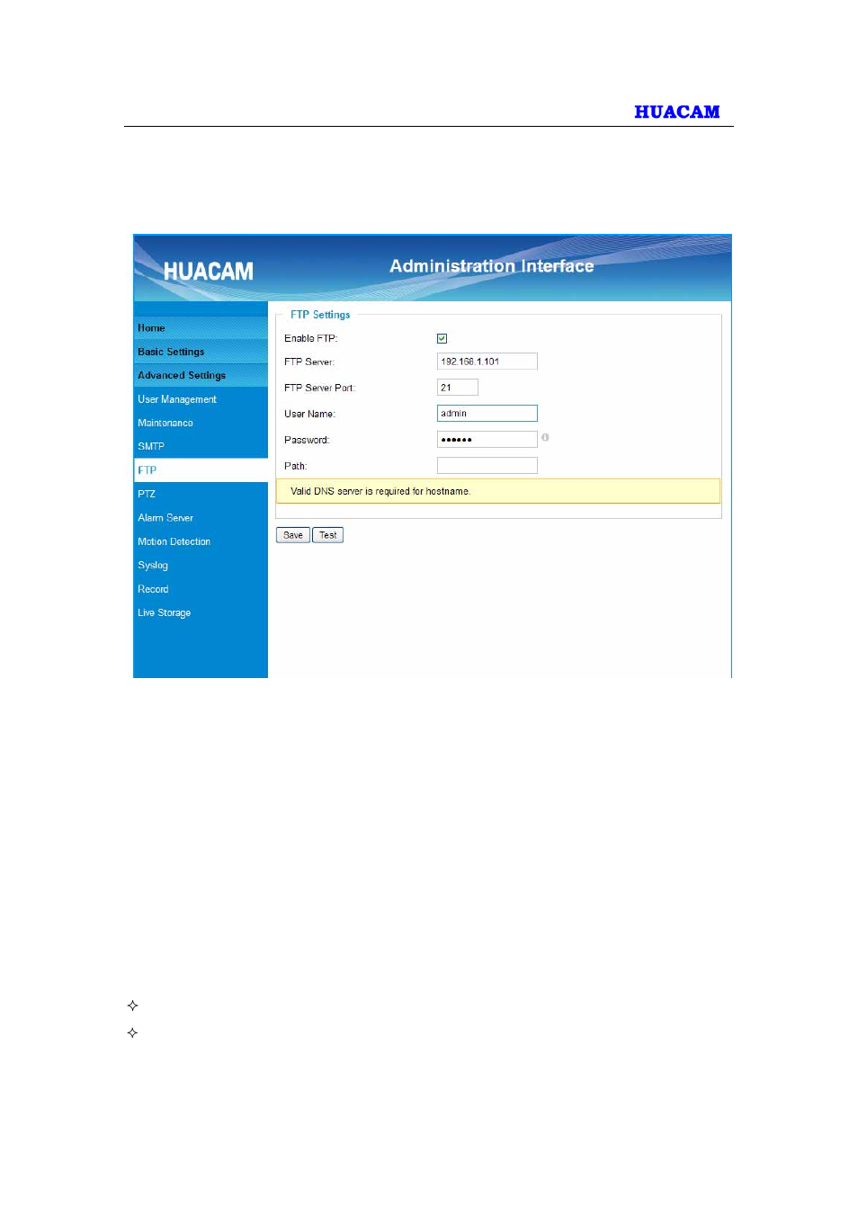 4 ftp settings page (upload alarm) | HUACAM HCV703 User Manual | Page 30 / 44