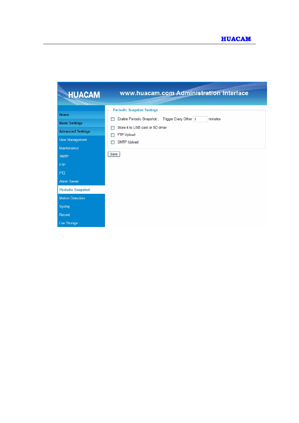 6 periodic snapshot settings, 7 motion detection configuration page (set alarm) | HUACAM HCV703 User Manual | Page 32 / 44