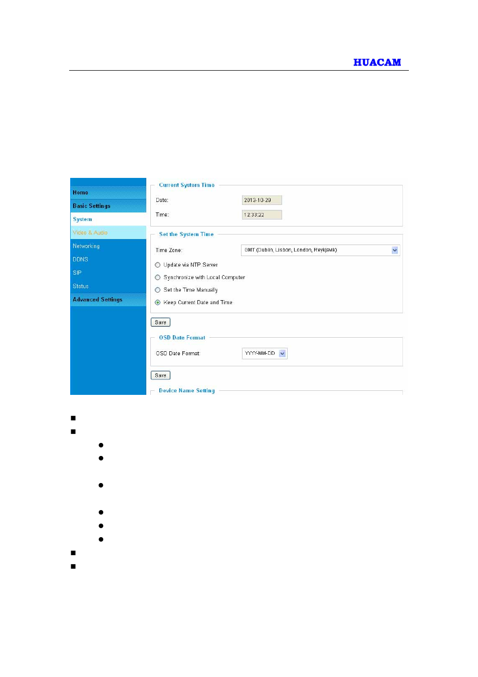 Basic settings explanation, System settings page | HUACAM HCV203 User Manual | Page 15 / 38
