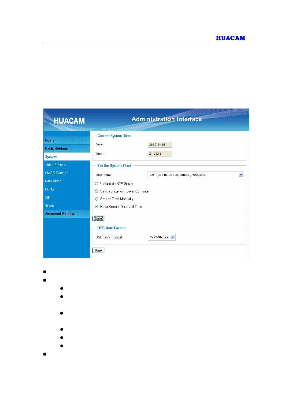 Basic settings explanation, System settings page | HUACAM HCV825 User Manual | Page 15 / 40
