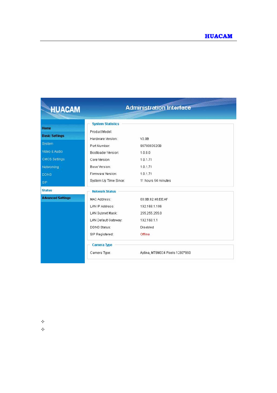 Status page | HUACAM HCV825 User Manual | Page 25 / 40